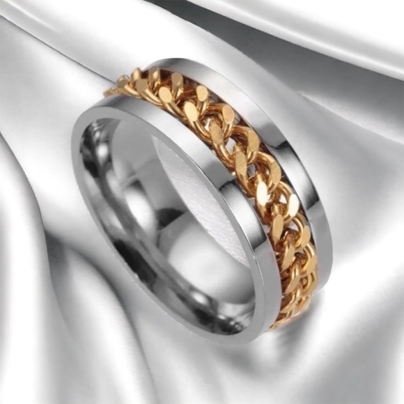 NEW Men’s Gold Chain Spinner Ring Silver Stainless Steel Fidget Jewelry 8mm - Picture 1 of 5
